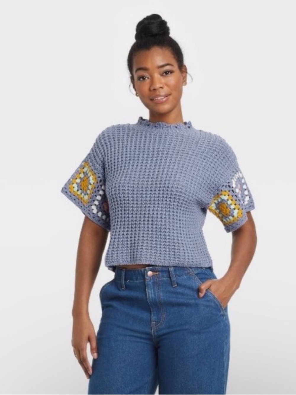 Lilac Lavender Short Sleeve Granny Square Crochet Sweater Universal Thread S